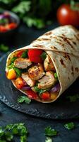 Grilled chicken wrap with fresh vegetables served on a dark stone plate photo