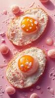 Creative culinary art featuring egg-shaped desserts on a pink background with playful toppings and vibrant colors photo