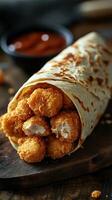 Crispy chicken bites wrapped in warm tortilla with spicy dipping sauce on rustic wooden surface photo