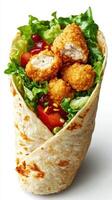 Crispy chicken wrap filled with fresh vegetables and a flavorful sauce served in a warm tortilla photo
