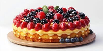 Delicious fruit tart decorated with fresh berries and cream served on a wooden platter during a sunny afternoon photo