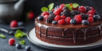 Chocolate cake with fresh berries on a dark table setting perfect for any celebration or gathering photo