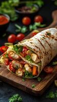 Delicious chicken wrap with fresh vegetables served on a wooden board photo