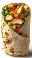Freshly wrapped chicken and vegetable burrito with vibrant ingredients displayed on a white background photo