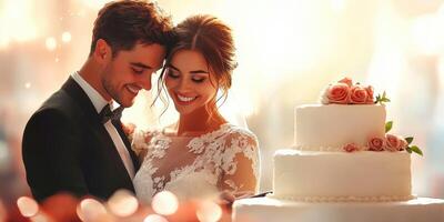 Couple shares joyful moment during wedding celebration beside elegantly decorated cake in soft glowing light photo