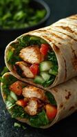 Freshly grilled chicken wraps filled with vibrant vegetables served on a black stone surface photo