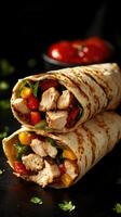 Fresh grilled chicken wraps filled with vegetables and served with salsa in a dark setting photo