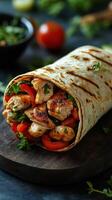 Grilled chicken wrap with fresh vegetables served on a wooden board in a cozy kitchen setting photo