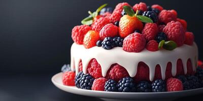 Delicious berry cake with vibrant strawberries and raspberries on a dark background photo