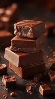 Rich chocolate squares stacked on a dark surface with cocoa powder scattered around photo