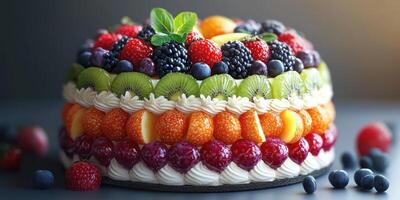 Vibrant fruit cake decorated with assorted berries and cream served on a table photo