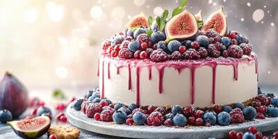 Vibrant berry and fig cake decorated with fresh fruits and a sweet glaze on a shining table photo