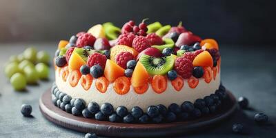 Colorful fruit cake with fresh berries and sliced fruit arranged elegantly on a dark wooden base photo