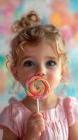 joven niña sostiene vistoso pirulí mientras sonriente en contra un vibrante antecedentes lleno de brillante matices foto