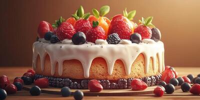 Delicious fruit cake topped with a variety of fresh berries and a creamy icing on a wooden table photo