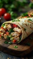 Freshly made chicken wrap with vegetables and herbs served on a rustic wooden board with cherry tomatoes in the background photo