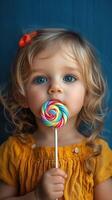 pequeño niña con brillante azul ojos disfrutando un vistoso pirulí en un acogedor ajuste con azul antecedentes foto