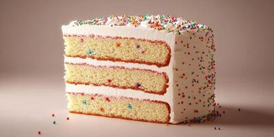 Layers of moist vanilla cake with colorful sprinkles and creamy frosting on display photo