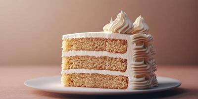 Delicious layered vanilla cake with cream frosting displayed on a white plate in a cozy setting photo