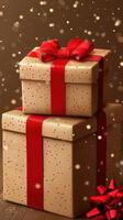 Festive wrapped gifts with red ribbons create a joyful atmosphere for the holiday season photo