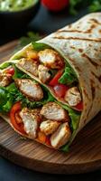 Grilled chicken wrap with fresh vegetables served on a wooden board photo