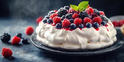 Delicious pavlova topped with fresh berries served on a dark plate at a dessert table photo