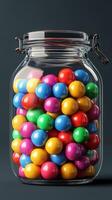 Colorful gumballs fill a glass jar providing a cheerful display for anyone who loves sweets photo