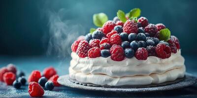 Delicious fluffy meringue cake topped with fresh raspberries and blueberries on a textured surface photo