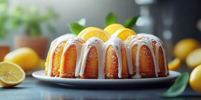 Delicious lemon bundt cake decorated with fresh slices and drizzled icing, perfect for any occasion photo