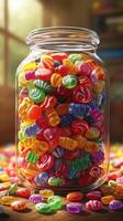 Vibrant assortment of colorful candies displayed in a clear glass jar at a cozy setting photo