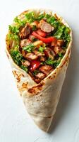 Delicious chicken wrap filled with fresh vegetables and greens ready to enjoy for lunch or dinner photo