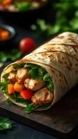 Delicious wrap filled with grilled chicken, fresh vegetables, and vibrant colors on a wooden surface photo