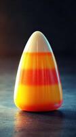 Colorful candy in the shape of a corn kernel displayed on a rustic surface with soft lighting effect photo