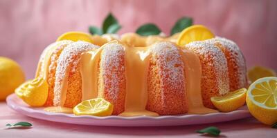 Fresh lemon cake with glaze and garnish on a pink background with whole and sliced lemons nearby photo