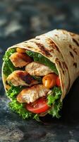 Grilled chicken wrap filled with fresh vegetables and herbs on a dark surface photo
