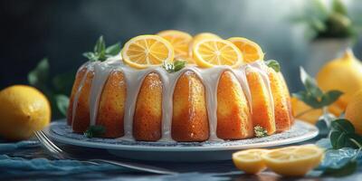 Lemon-flavored bundt cake garnished with citrus slices and mint on a decorative plate photo
