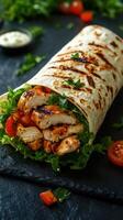 Deliciously grilled chicken wrap served on a black slate platter with fresh vegetables and herbs photo