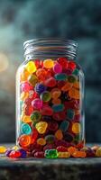 Colorful assortment of candy jar filled with bright gummies and sweets in a creative setting photo