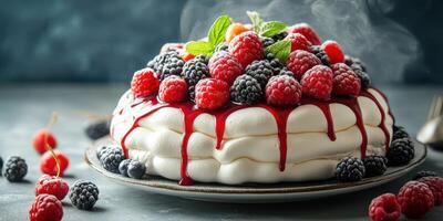 Delicious dessert topped with fresh berries and raspberry sauce, perfect for any celebration photo