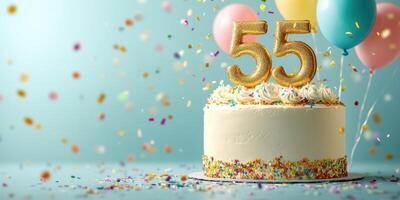Celebration with a decorated cake featuring golden 55 candles and colorful balloons in a festive atmosphere photo