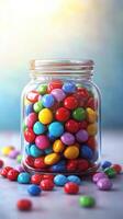 Vibrant glass jar filled with colorful candy on a soft background illuminated by natural light photo
