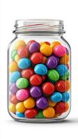 Colorful candy jar filled with vibrant sweets displayed on a clean white background photo
