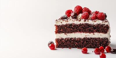 Decadent chocolate cake slice topped with fresh raspberries and cherries on a clean background photo