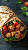 Grilled chicken wrap with fresh vegetables served on a rustic background photo