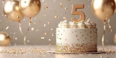 Elegant birthday celebration with a five-tier cake, golden decorations, and balloons at a festive indoor location photo