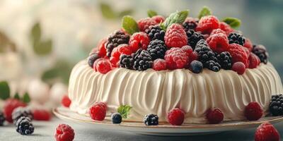 Delicious dessert featuring assorted berries and whipped cream beautifully arranged on a porcelain plate photo