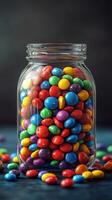 Colorful candy jar filled with vibrant sweets creates a joyful display of treats in a glass container photo