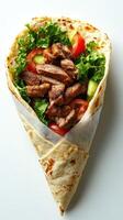 Savory grilled meat wrap filled with fresh vegetables served on a white background photo