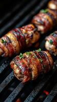 Savory bacon-wrapped chicken breasts grilling on a barbecue with herbs in an outdoor setting photo