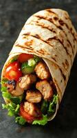 Grilled chicken wrap with fresh vegetables served on a dark surface photo